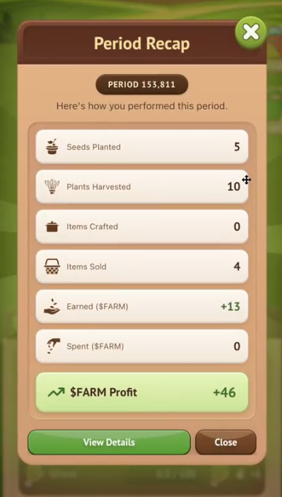 Fogo Farm period recap showing $FARM profit